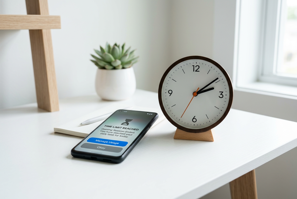 A phone showing a time limit notification next to a clock