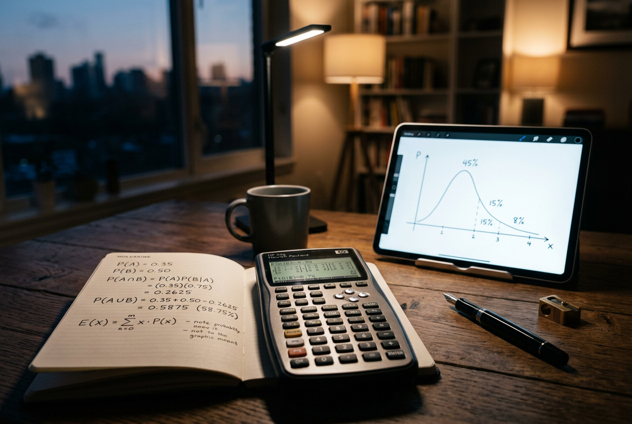 Calculator and notes showing gaming probability math