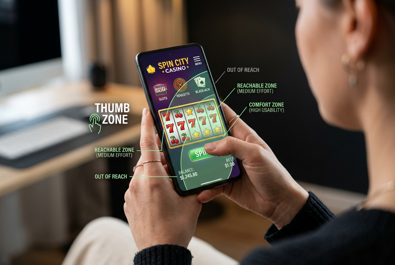 Ergonomia interfejsu mobilnego kasyna z zaznaczoną strefą kciuka