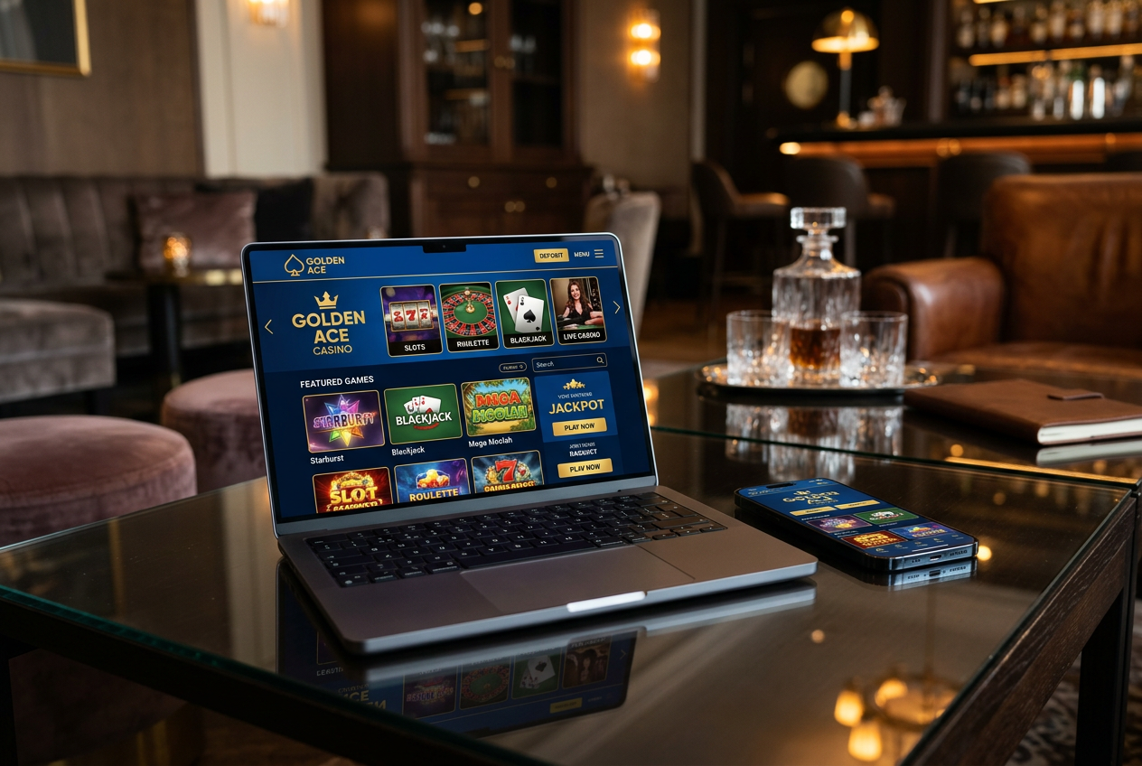 Nowoczesny laptop wyświetlający prestiżowe kasyno internetowe w eleganckim otoczeniu.